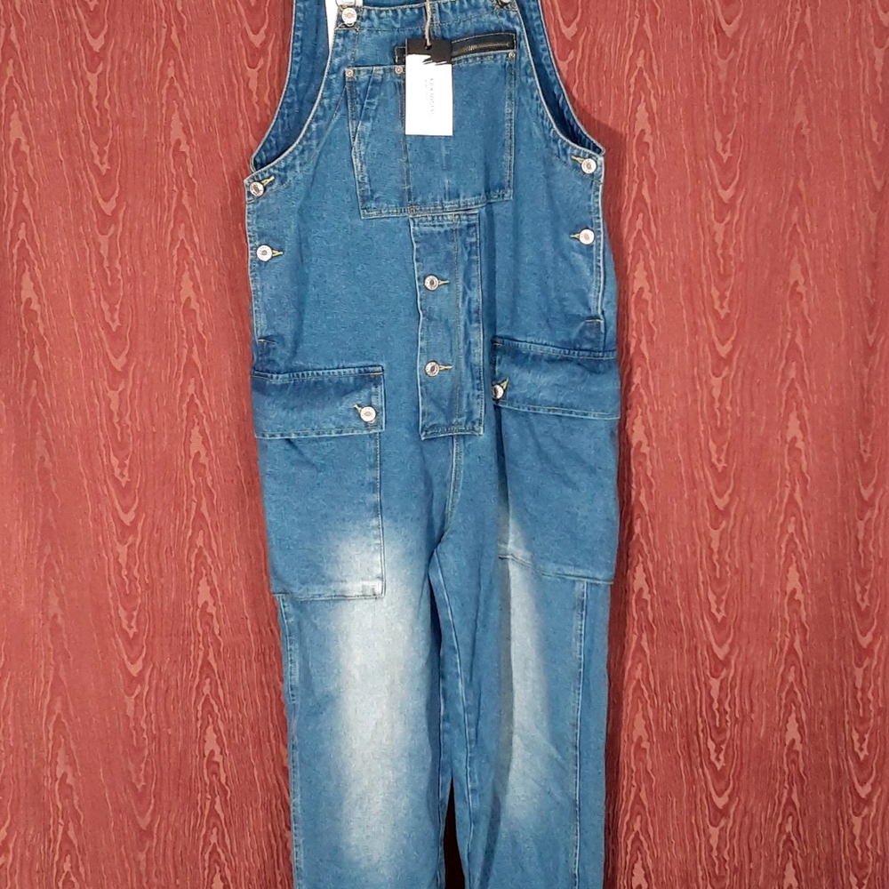 KIDORIMAN Denim Faded Bib Blue Jeans Overalls White Straps WOMEN'S Size L NWT